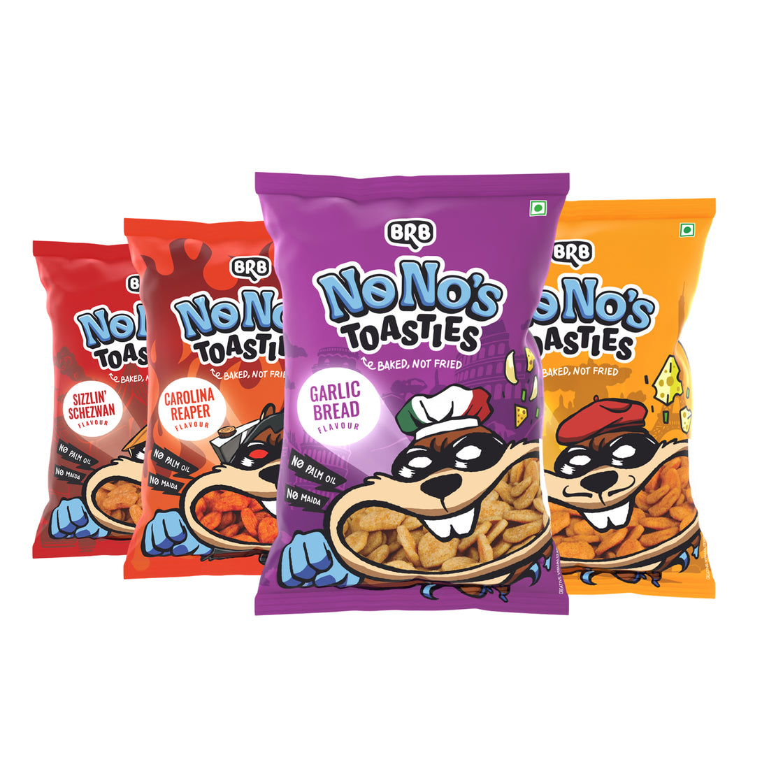 BRB NoNo's Toasties - Assorted Flavours -  Carolina Reaper, Fusion Cheese, Sizzlin' Schezwan & Garlic Bread | Baked, Not Fried | No Maida, No Palm Oil, Healthy Snack | 4 x 60gm Pack