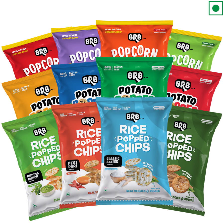 MEGA COMBO - 24 Packs - 12 Flavours X 2 Packs (48g each) - Potato Popped Chips, Rice Popped Chips & Corn Popped Chips