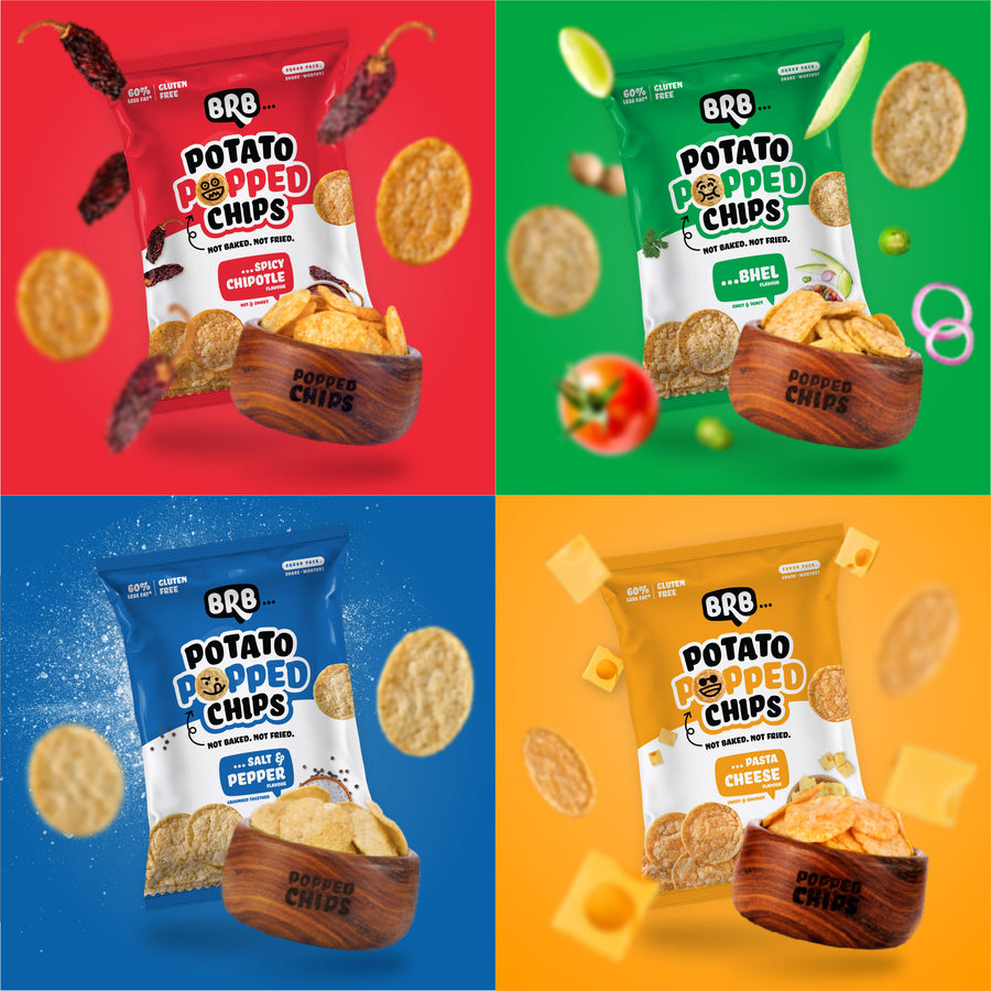 MEGA COMBO - 24 Packs - 12 Flavours X 2 Packs (48g each) - Potato Popped Chips, Rice Popped Chips & Corn Popped Chips